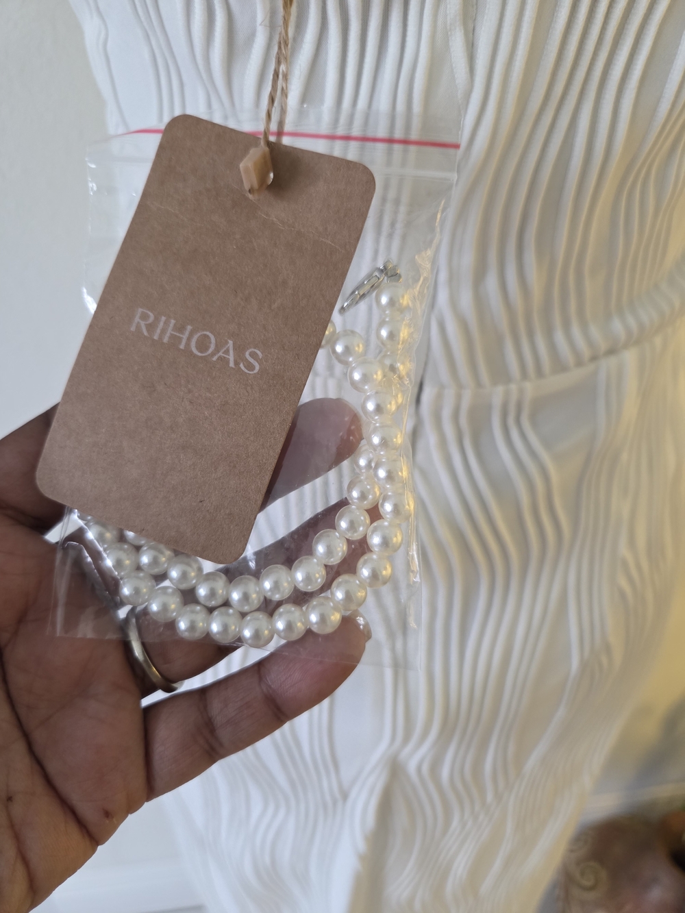 RIHOAS White Textured Midi Dress with Pearl Strap. 0276 - Picture 7 of 7